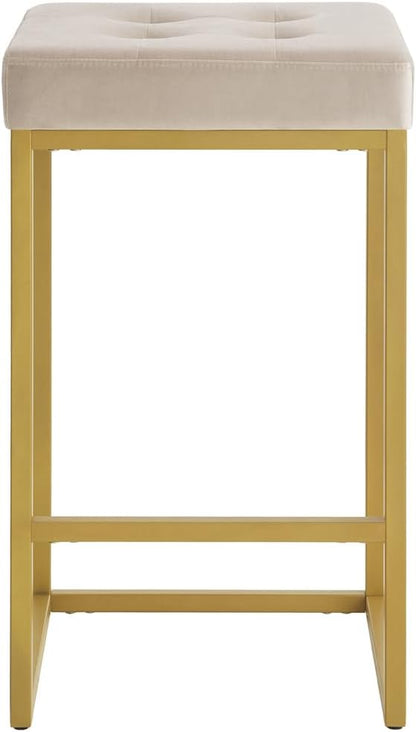 24KF Contemporary Counter Height Bar Stool Set of 2 for Kitchen Island, 26" H Velvet Padded Gold Barstool Bar Chair 5066-Taupe