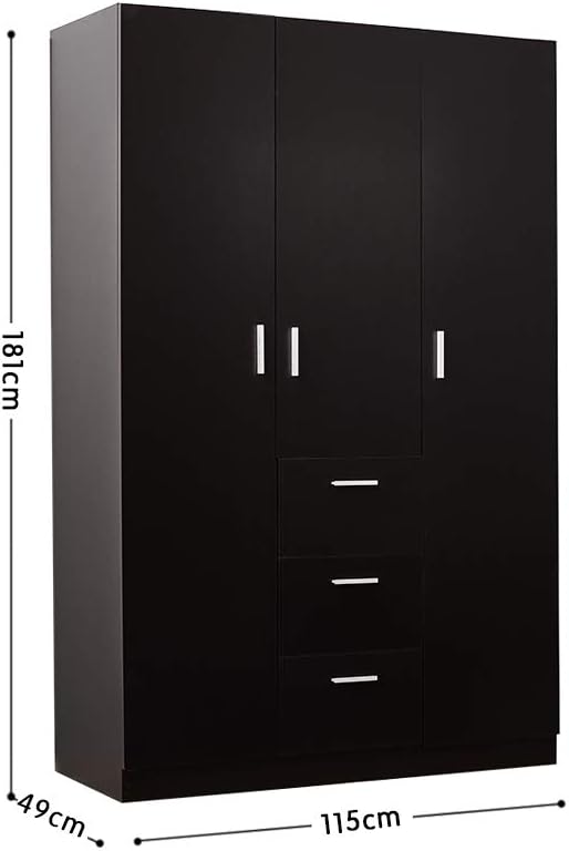Modern 3 Doors Wardrobes with 3 Drawers and Hanging Rail Large Triple Clothes Storage Closet for Home Bedroom Units (Black)