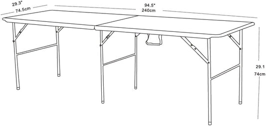 Folding Banquet Table, 244 cm Length, White Top with Grey Metal Frame, Portable