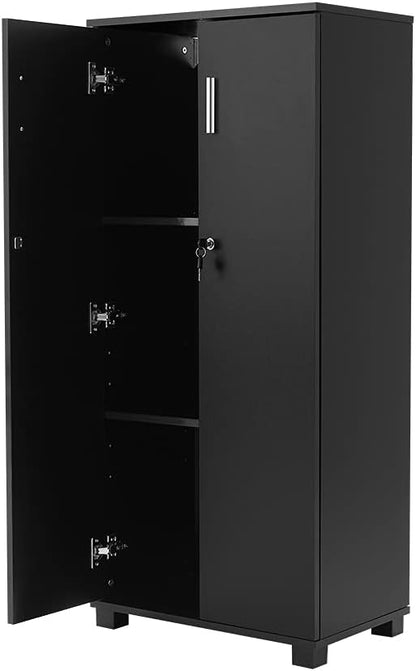 Panana Office Wood Storage Cabinet, 2 Door Engineered Wood Cupboard Tall White Slim Cabinet With Lock Bookcase Filing Cabinet For Family Office (Black1)