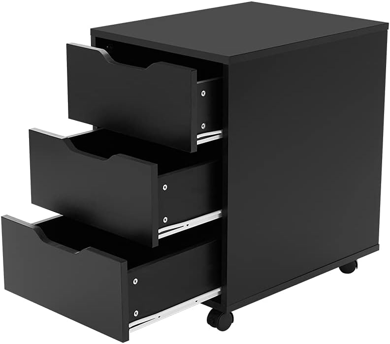 Panana Office Mobile File Cabinet with 3 Drawers, White Wooden Storage Unit with Caster Wheels Under Table Pedestal Side File Document Cabinet (Black)