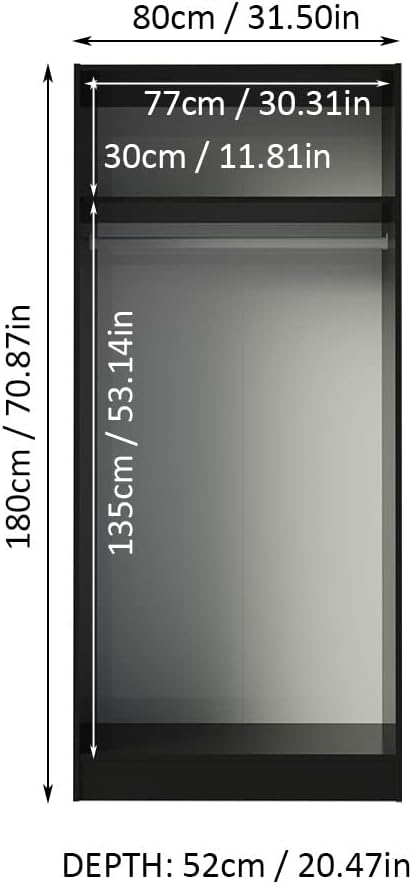 Madesa 2 Door Wardrobe Storage Cabinet, 71” H x 20” D x 31” L - Black