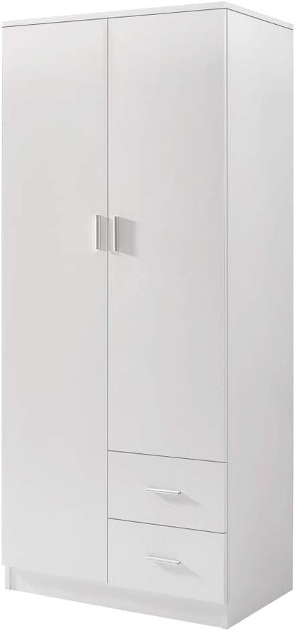 Panana Tall Wooden 2 Door Wardrobe With 2 Drawers Bedroom Storage Units With Hanging Bar Clothes (White1)