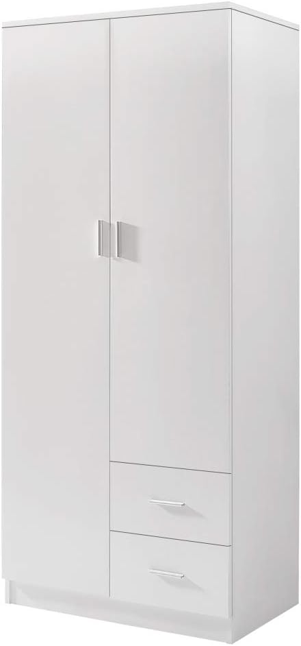 Panana Tall Wooden 2 Door Wardrobe With 2 Drawers Bedroom Storage Units With Hanging Bar Clothes (White1)