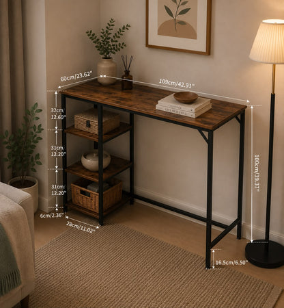 Rustic Industrial Console Table with Storage Shelves