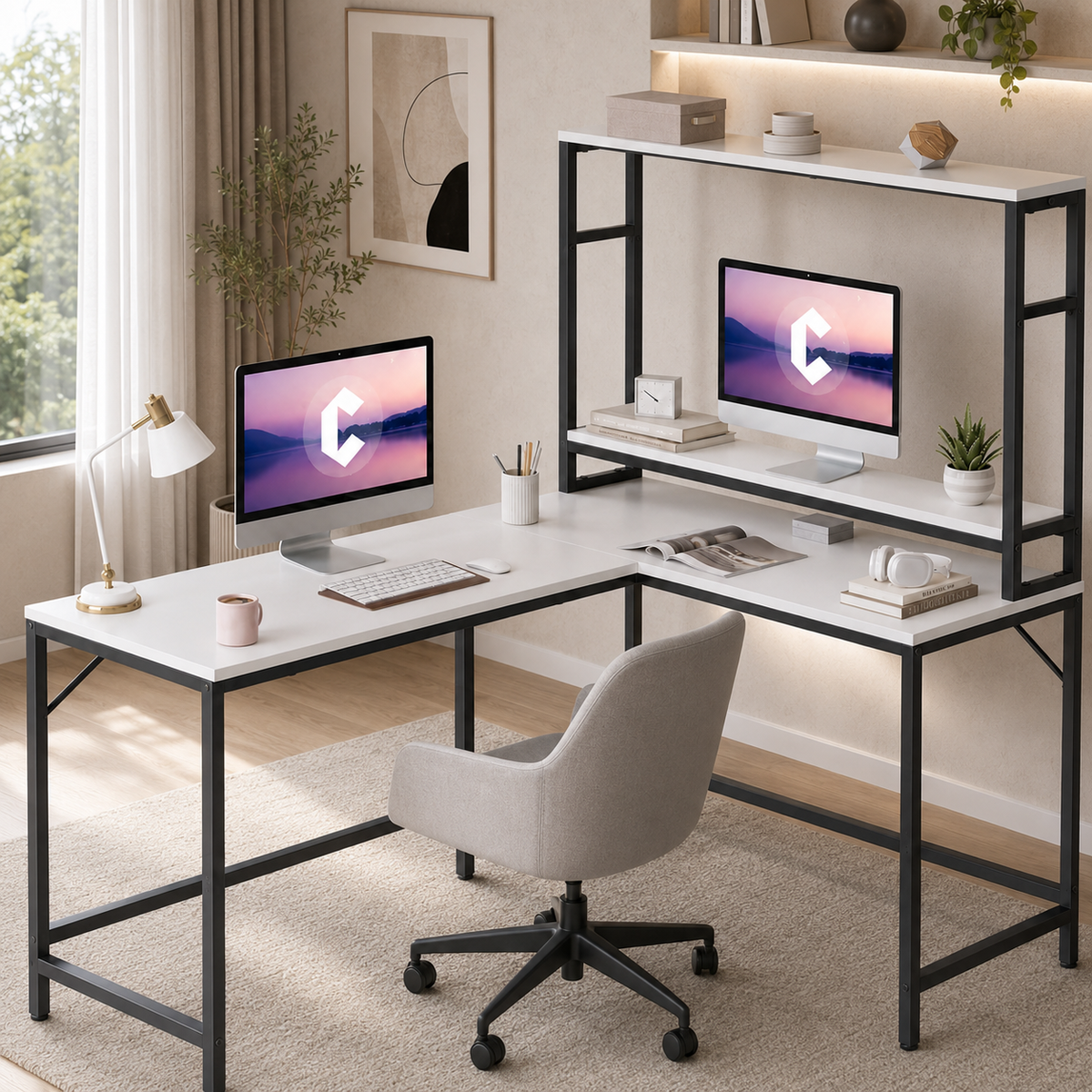 Modern L-Shaped Computer Desk with Monitor Shelf