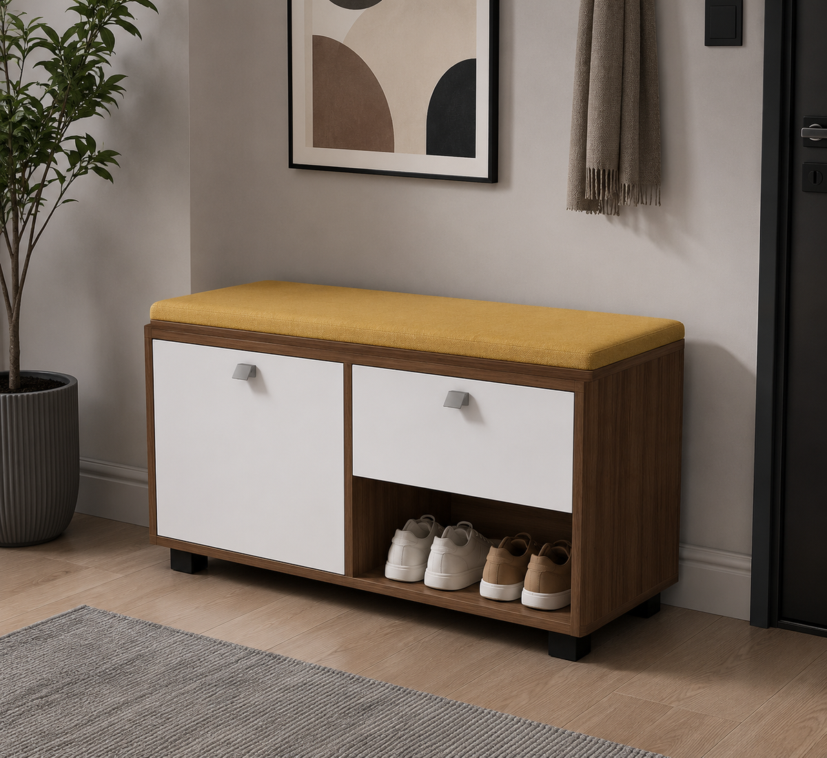 Modern Wooden Shoe Storage Bench with Cushion