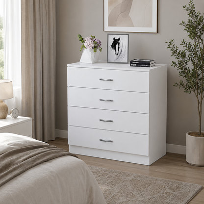 White Chest of Drawers, 4 Drawer With Metal Handles & Runners, Unique Anti-Bowing Drawer Support, Riano Bedroom Furniture