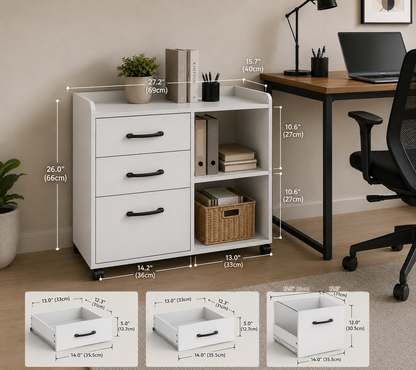 Rolanstar File Cabinet 3-Drawers, Mobile Lateral Printer Stand with Open Storage Shelf, Rolling Filing Cabinet with Wheels for A4/Letter Size,White