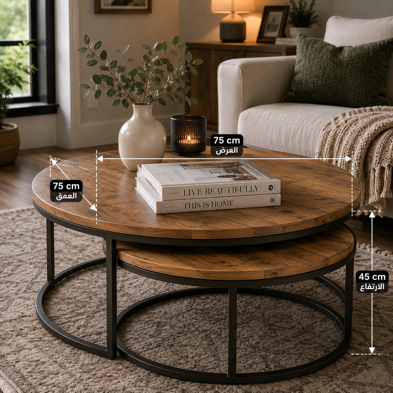Vinchi Coffee Table, 75 cm, Black/wood Set of 2- AFC189