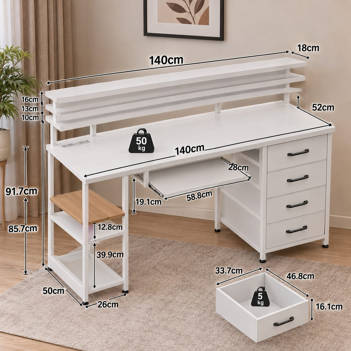 Modern White Computer Desk with Storage Drawers & Multi-Tier Shelving