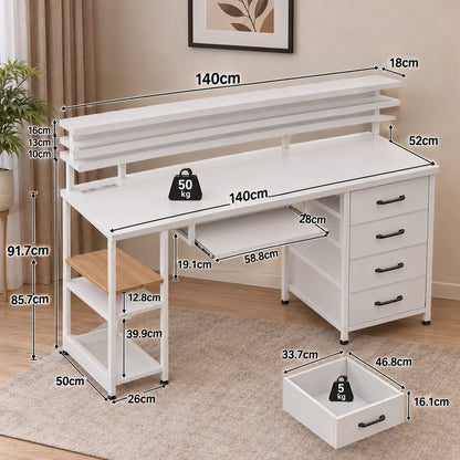 Modern White Computer Desk with Storage Drawers & Multi-Tier Shelving