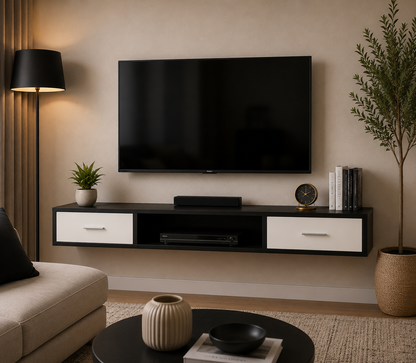 Floating shelf, Cabinet with an Open Storage Shelf and 2 Drawer, 25D x 120W x 20H centimeters, Black