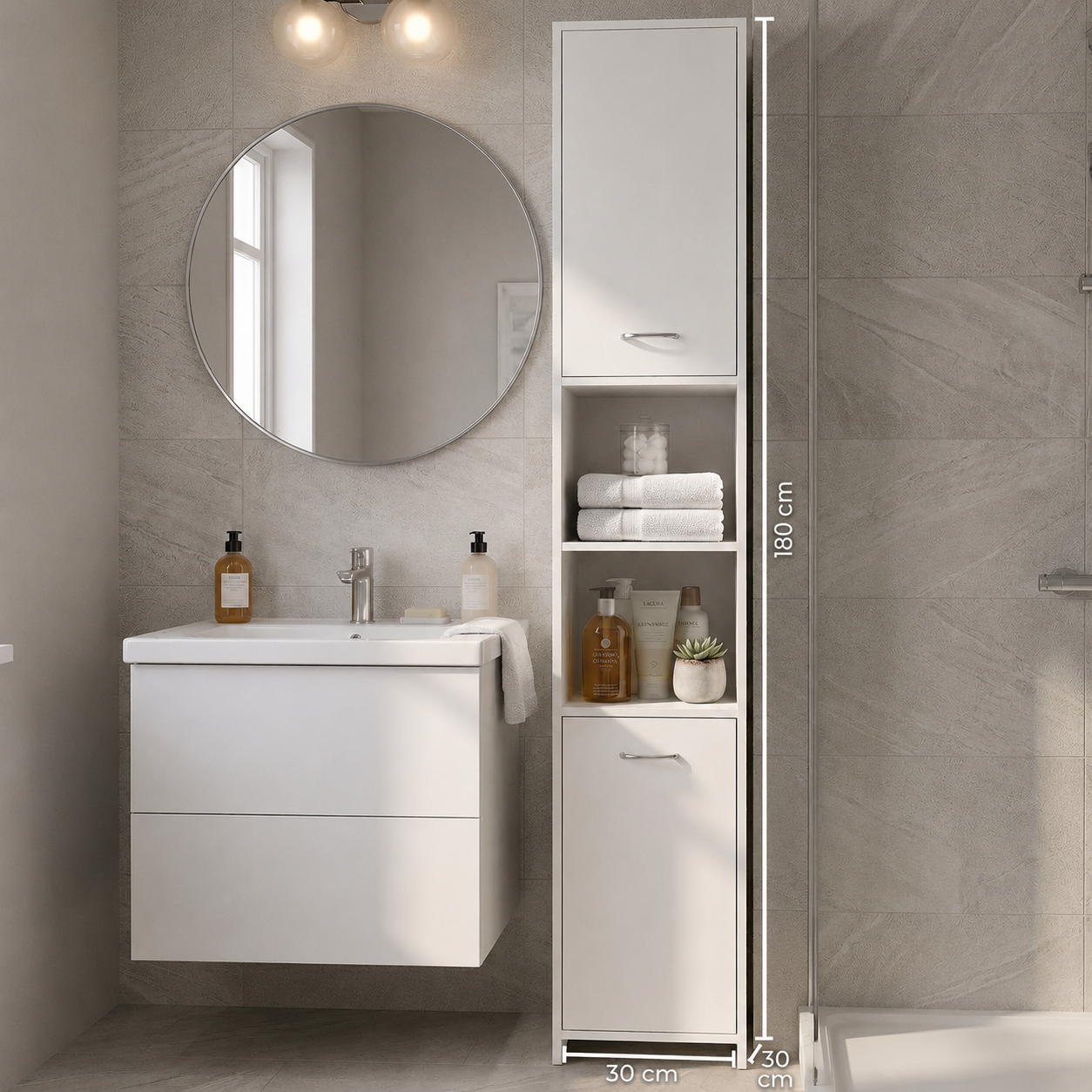 Deuba® Tall Bathroom Cupboard w/Shelves | 6 Compartments 2 Doors | Magnetic Lock | Narrow High Wooden Standing Storage Cabinet Unit | Tallboy | 180 x 30 x 30cm | White