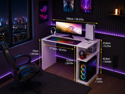 Madesa Compact Gaming Computer Desk with 2 Shelves, Cable Management and Large Monitor Stand, Wood, 21" D x 39" W x 30" H - White