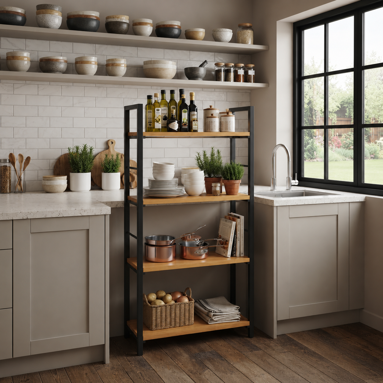 Metal Microwave Stand and Kitchen Organizer 4 Door, Black, Size 60 cm (W) x 150 cm (H) x 40 cm (D)