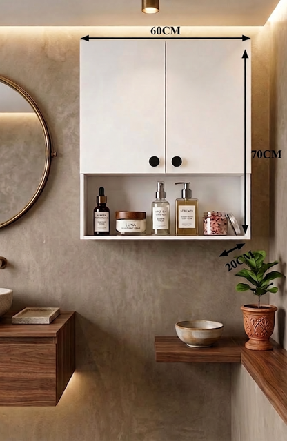 Modern Wall-Mounted Bathroom Storage Cabinet with Open Shelf – White Medicine Cabinet