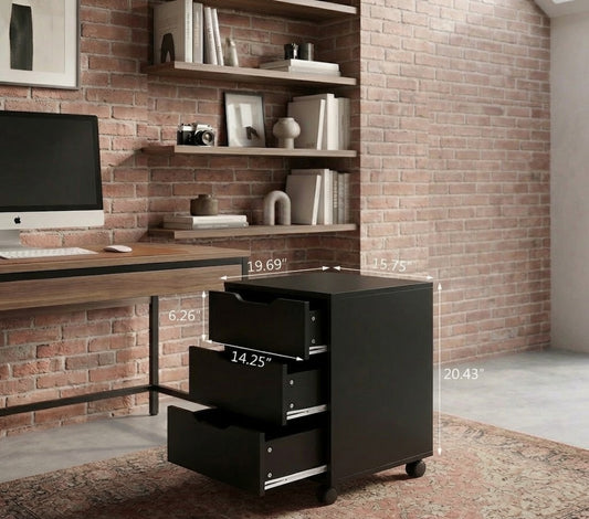 Panana Office Mobile File Cabinet with 3 Drawers, White Wooden Storage Unit with Caster Wheels Under Table Pedestal Side File Document Cabinet (Black)
