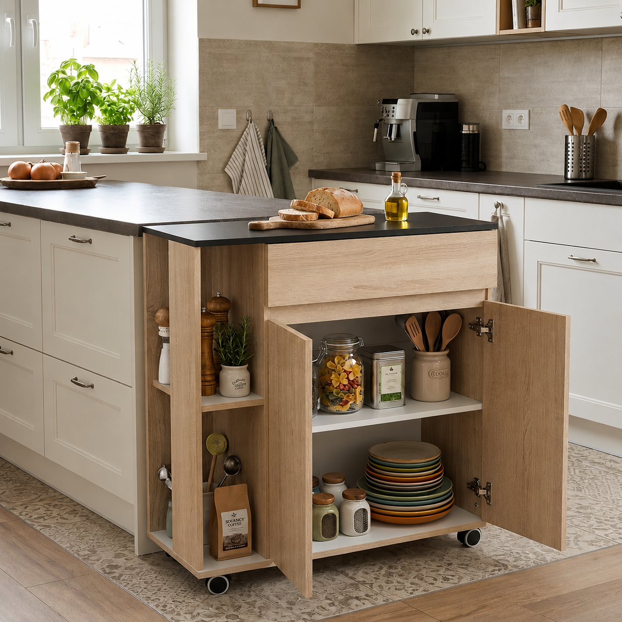 HOMCOM Kitchen Storage Trolley Cart Cupboard Rolling Island Shelves Cabinet With Door and Drawer Locking Wheels