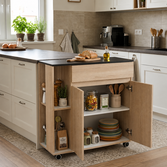 HOMCOM Kitchen Storage Trolley Cart Cupboard Rolling Island Shelves Cabinet With Door and Drawer Locking Wheels