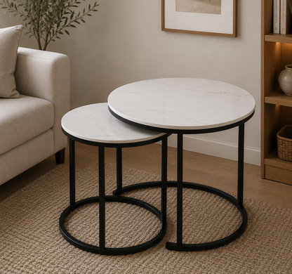 Woodx Round Coffee Table Set of 2, Modern Accent Marble Texture Coffee Tables for Living Room, Nesting Table for Reception Room and Office Room(Black & White)