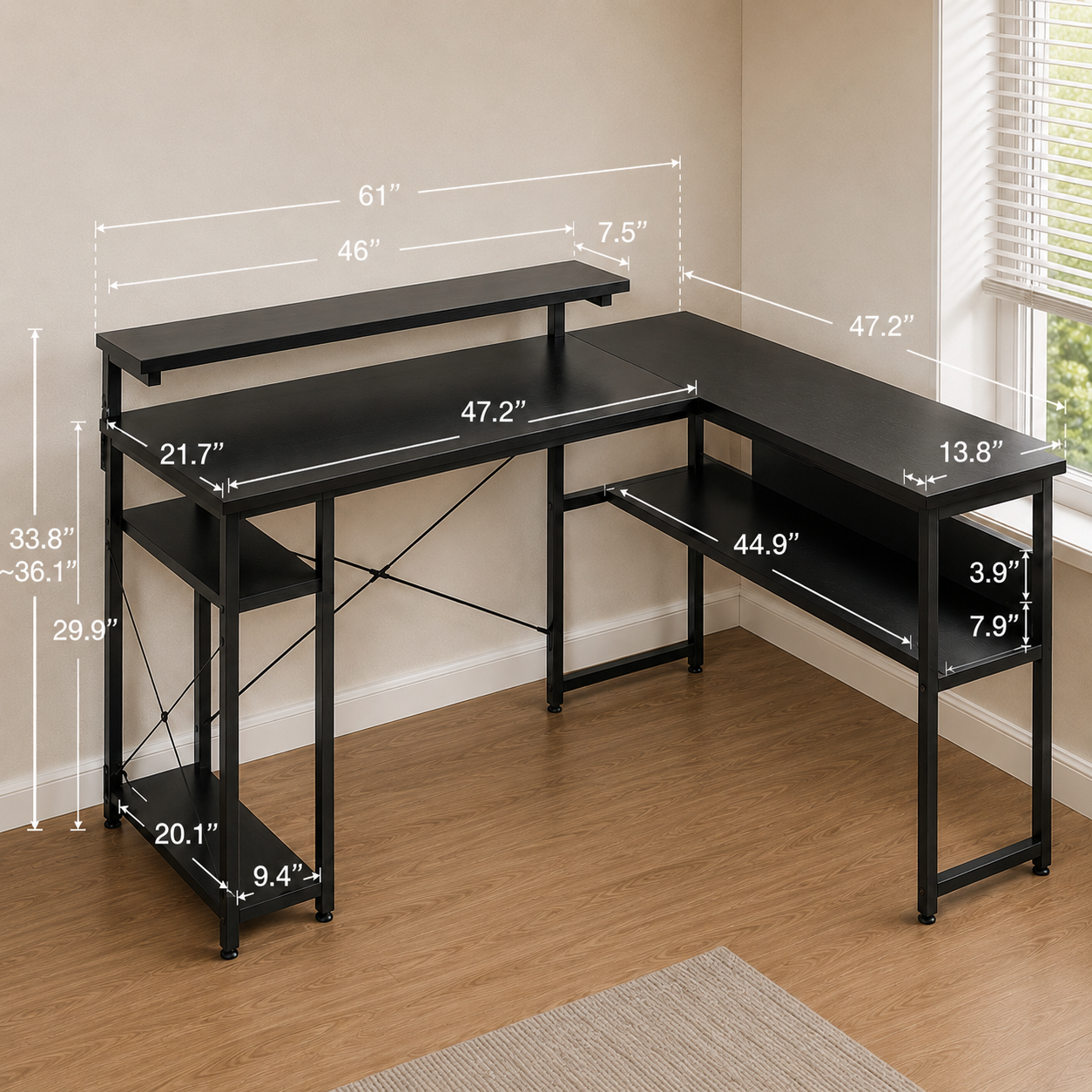L-Shaped Computer Desk with Storage Shelves and Monitor Stand
