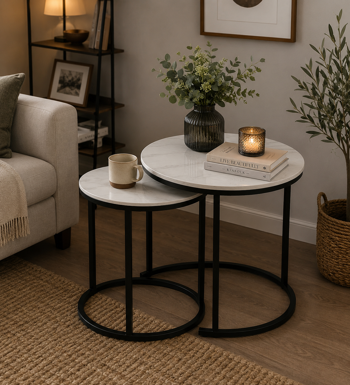 Woodx Round Coffee Table Set of 2, Modern Accent Marble Texture Coffee Tables for Living Room, Nesting Table for Reception Room and Office Room(Black & White)