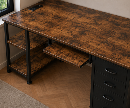 Desk with 4 Drawers, Computer Desk with 2 Sockets and 2 USB Charging Ports