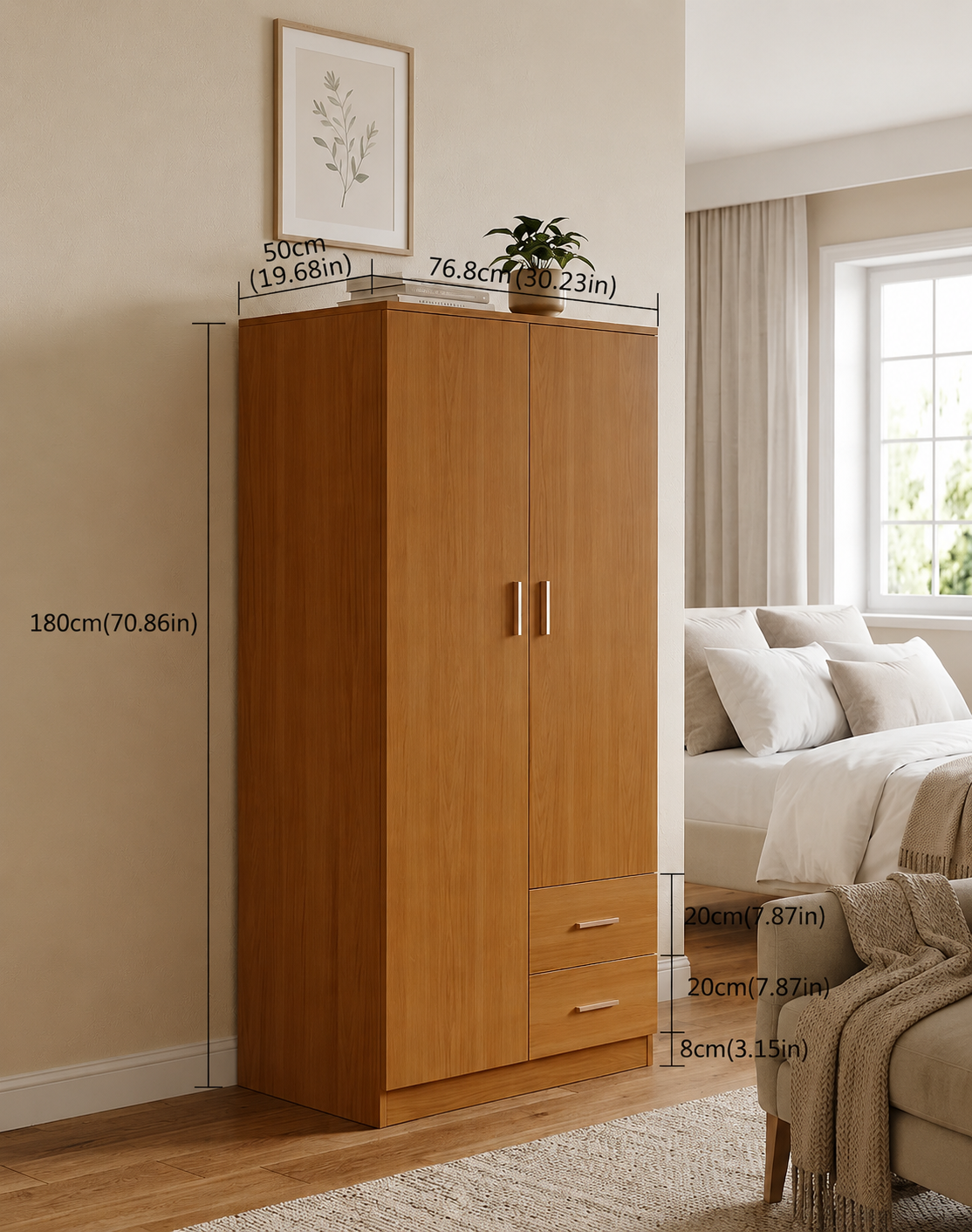 Panana 2 Door 2 Drawer Wardrobe with Shelf and Hanging Rail Wooden Clothes Storage Cupboards Unit for Bedroom Furniture 77 * 50 * 180cm (Oak Effect), Beige