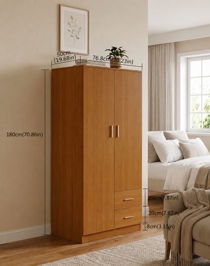 Panana 2 Door 2 Drawer Wardrobe with Shelf and Hanging Rail Wooden Clothes Storage Cupboards Unit for Bedroom Furniture 77 * 50 * 180cm (Oak Effect), Beige