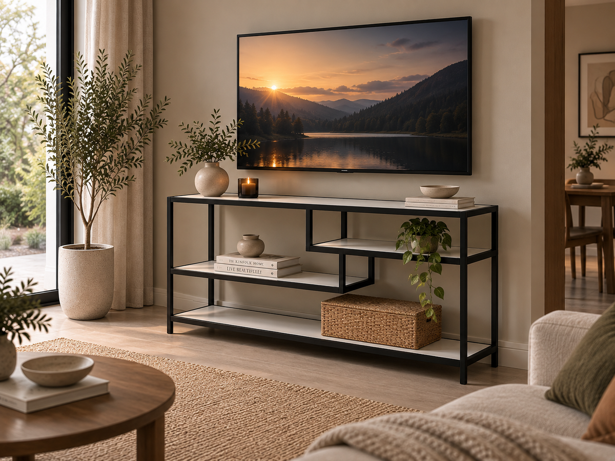 Modern Industrial Black Metal TV Console with Open Shelving