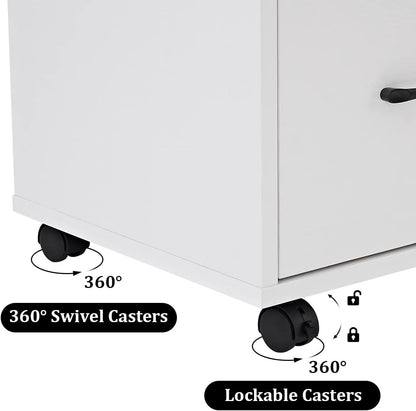 Panana 3 Drawer Office File Cabinets, Mobile Lateral Printer Stand with Open Storage Shelf, Rolling Filing Cabinet with Wheels Home Office Organization and Storage (White)
