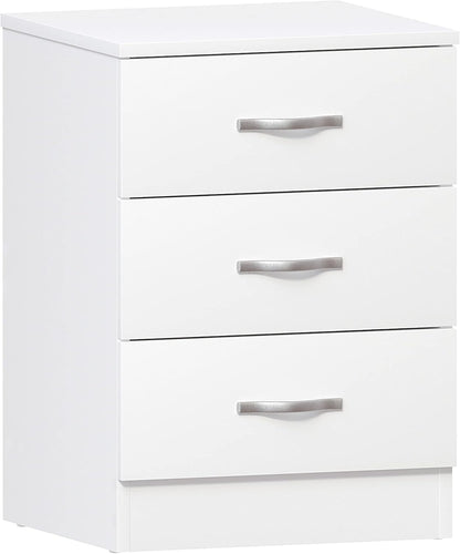 Vida Designs Large White Bedside Cabinet Chest of Drawers, 3 Drawer With Metal Handles and Runners, Unique Anti-Bowing Drawer Support, Riano Bedroom Furniture
