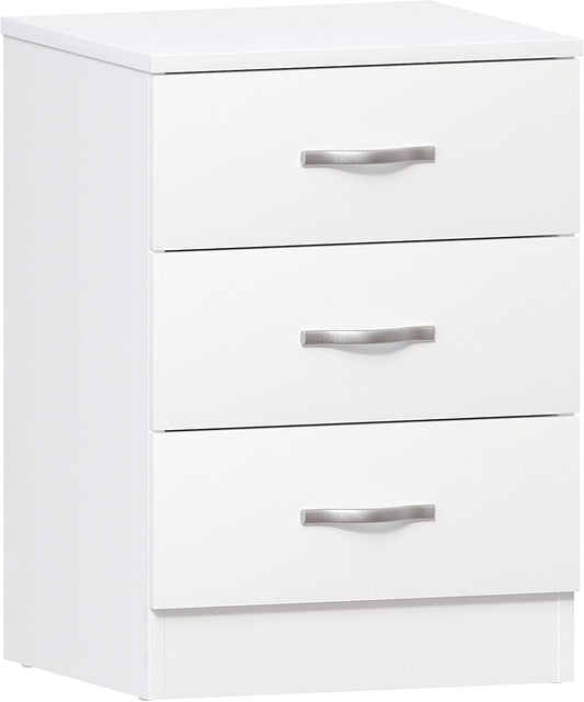Vida Designs Large White Bedside Cabinet Chest of Drawers, 3 Drawer With Metal Handles and Runners, Unique Anti-Bowing Drawer Support, Riano Bedroom Furniture
