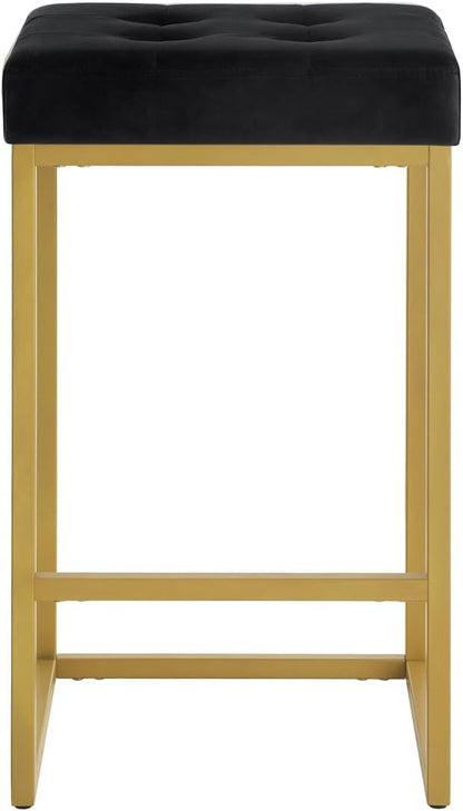 24KF Contemporary 26" H Counter Height Stool with Tufted Seat, Velvet Padded Barstool with Durable Golden Met Balase,Set of 2,5066-Black