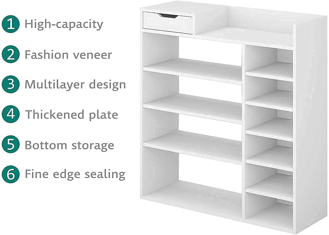 Vicosim Wooden Shoe Shelf, Storage Closet/Drawer Cabinet and Layers Unit, Bookshelf/Shoe Shelving Organizer, White Furniture for Home, Hallway, Bedroom, Corner, White