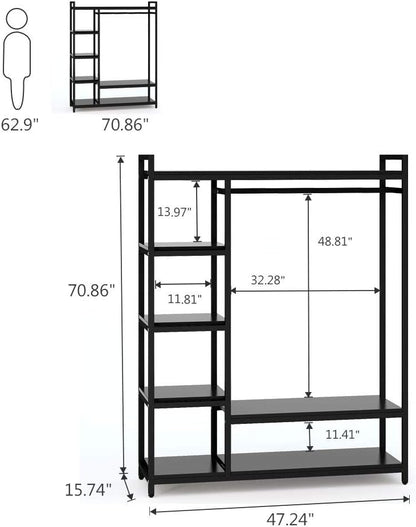 LITTLE TREE Free-standing Closet Organizer, Heavy Duty Clothes Closet, Portable Garment Rack with 6-tier Shelves and Hanging rod, Black Metal Frame & White Board (Black&black)
