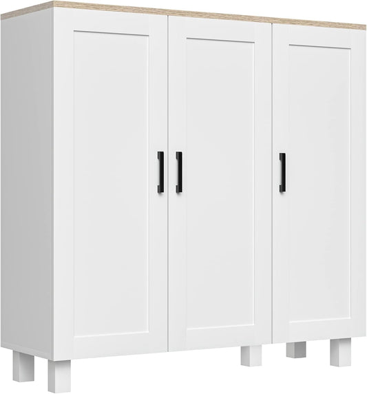 FurniFlex 3-Doors Nordic Style Living Room Sideboard Cabinet with Adjustable Shelves, 90 cm x 30 cm x 90 cm Size, White