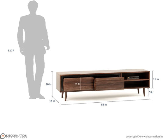 DecorNation Akiwa Solid Wood TV Unit Table - One Compartment with with 2 Drawers and Shelf for Living Room, Bedroom, Office Furniture Stand (63 x 14 x 16 inches, Natural Finish)