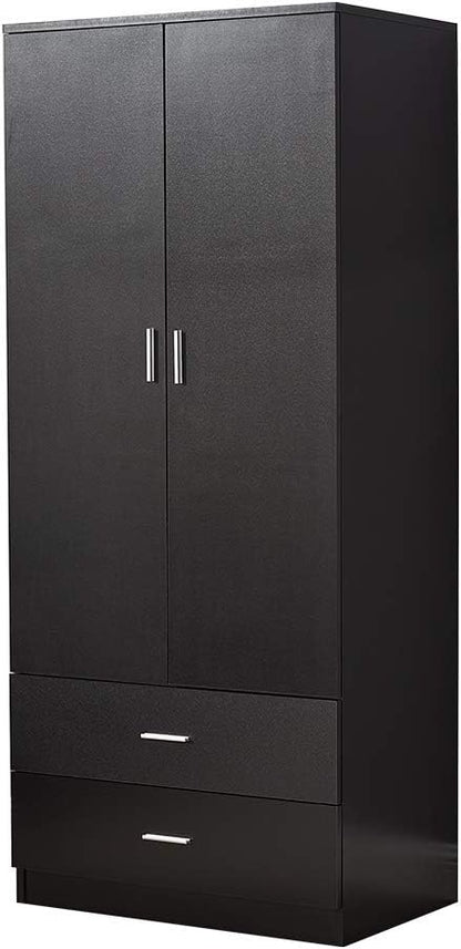 2 Door Combination Wardrobe Tall Big Wooden Wardrobe With 2 Big Drawers Bedroom Storage Units With Hanging Bar Clothes (Black)