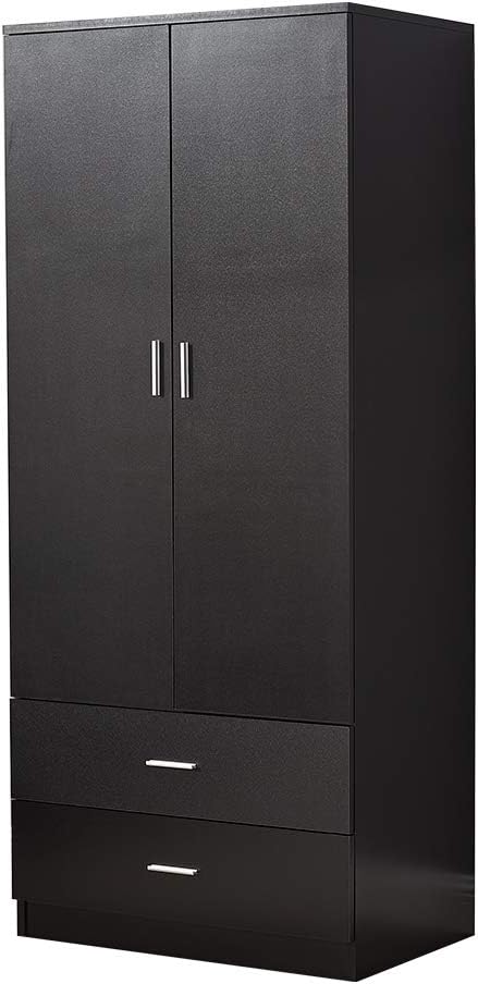 2 Door Combination Wardrobe Tall Big Wooden Wardrobe With 2 Big Drawers Bedroom Storage Units With Hanging Bar Clothes (Black)