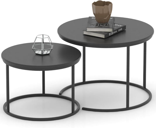 RIGID Nesting Tables Set of 2 Wood Coffee Table Round, Farmhouse End Tables for Living Room, Small Couch Tea Table, Industrial Stacking Side Tables with Sturdy Steel Metal Frame