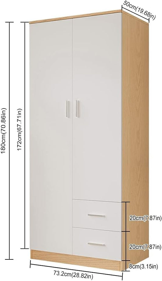 Panana 2 Door 2 Drawer Wardrobe with Shelf and Hanging Rail Wooden Clothes Storage Cupboards Unit for Bedroom Furniture 77 * 50 * 180cm (White with Oak), Brown
