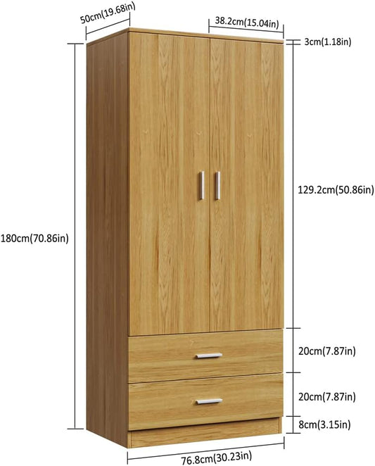 Panana 2 Door 2 Drawer Wardrobe with Hanging Rail Wooden Clothes Storage Cupboards Unit for Bedroom Furniture 76.8 * 50 * 180cm (Oak Effect), Beige