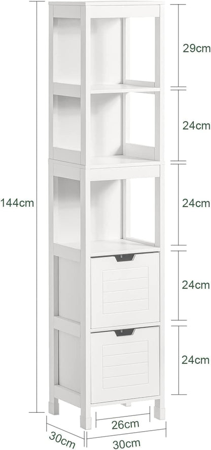 FurniFlex High Bathroom Cabinet with 3 Shelves and 2 Drawers, 30 cm x 30 cm x 144 cm Size