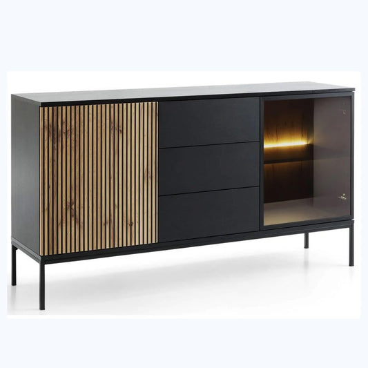 Kitchen sideboard Buffet, Space-Saving with 1 Door Glass Honey, Black and Brown Wooden, Aluminum doors with light, Stainless steel legs, 3 Shelves, 3 Drawer, (D x 40 CM), (W x 180 CM), (H x 90 CM)