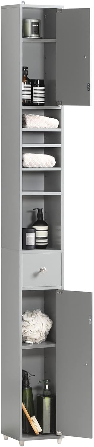 SoBuy BZR34-HG Bathroom Tall Cabinet with 5 Compartments with 1 Drawer and Doors Light Grey W x H x D x H x D x H x D x D: Approx. 20 x 180 x 20 cm