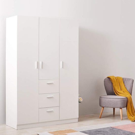 Panana Modern 3 Doors, 3 Drawers Wardrobes with Hanging Rail, Large Triple Clothes Storage Closet - White