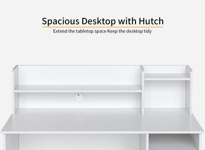 CubiCubi Computer Desk with Storage, 47 Inch Home Office Desk with Hutch and Shelves, Modern Writing Study Desk Work Table with Cabinet, White
