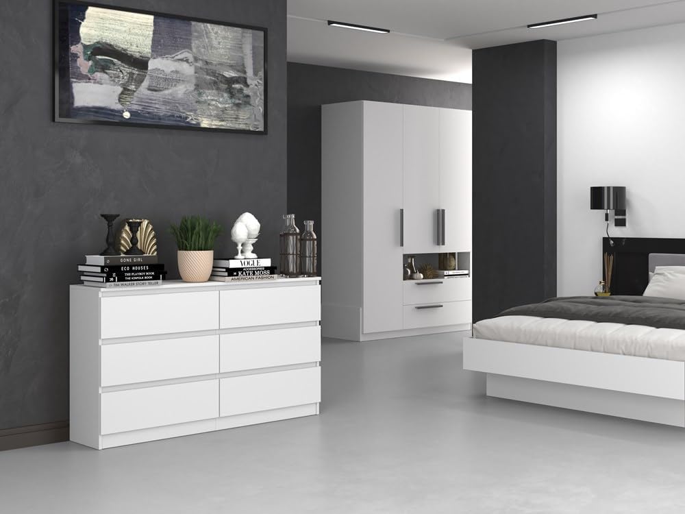 VBChome Chest of Drawers with 6 Drawers, 140 x 40 x 77 cm, White, Handle-Free Drawer Chest of Drawers, Multi-Purpose Cabinet for Hallway, Bedroom, Living Room, Children's Room, Modern White